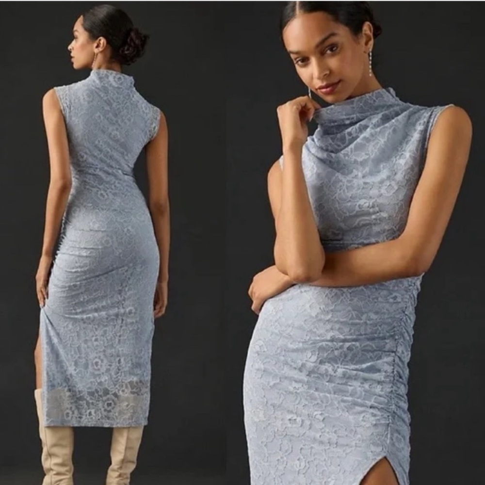 Anthropologie The Maya Dress Ruched Cowl Neck Lace Edition in blue. NWT